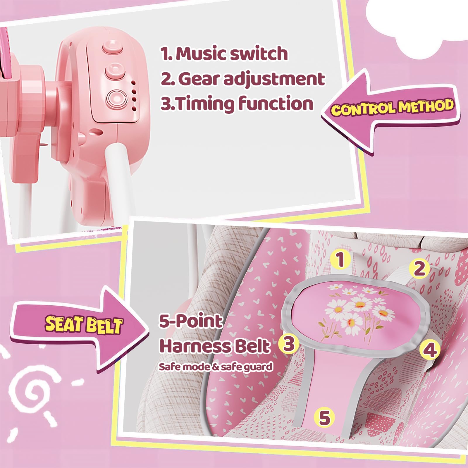 Surbowbaby portable baby swing 6-songs enables gentle melodies for quiet play.