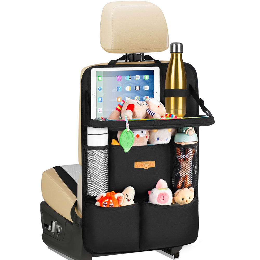 SURDOCA backseat organizer with foldable tray provides sturdy on-the-go surface for meals or crafts.