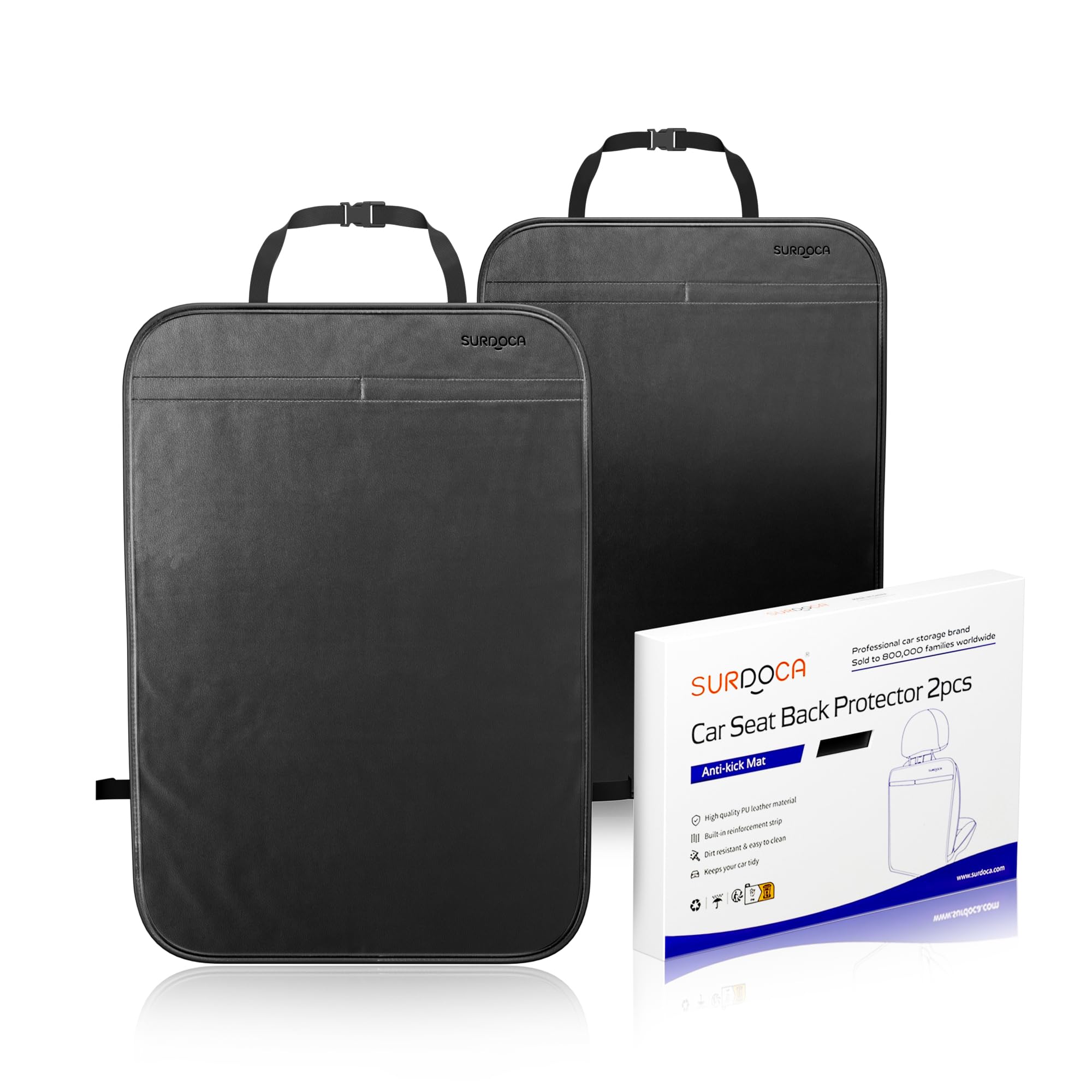 SURDOCA kick mats leather back seat cover shows durable, waterproof protection against spills.