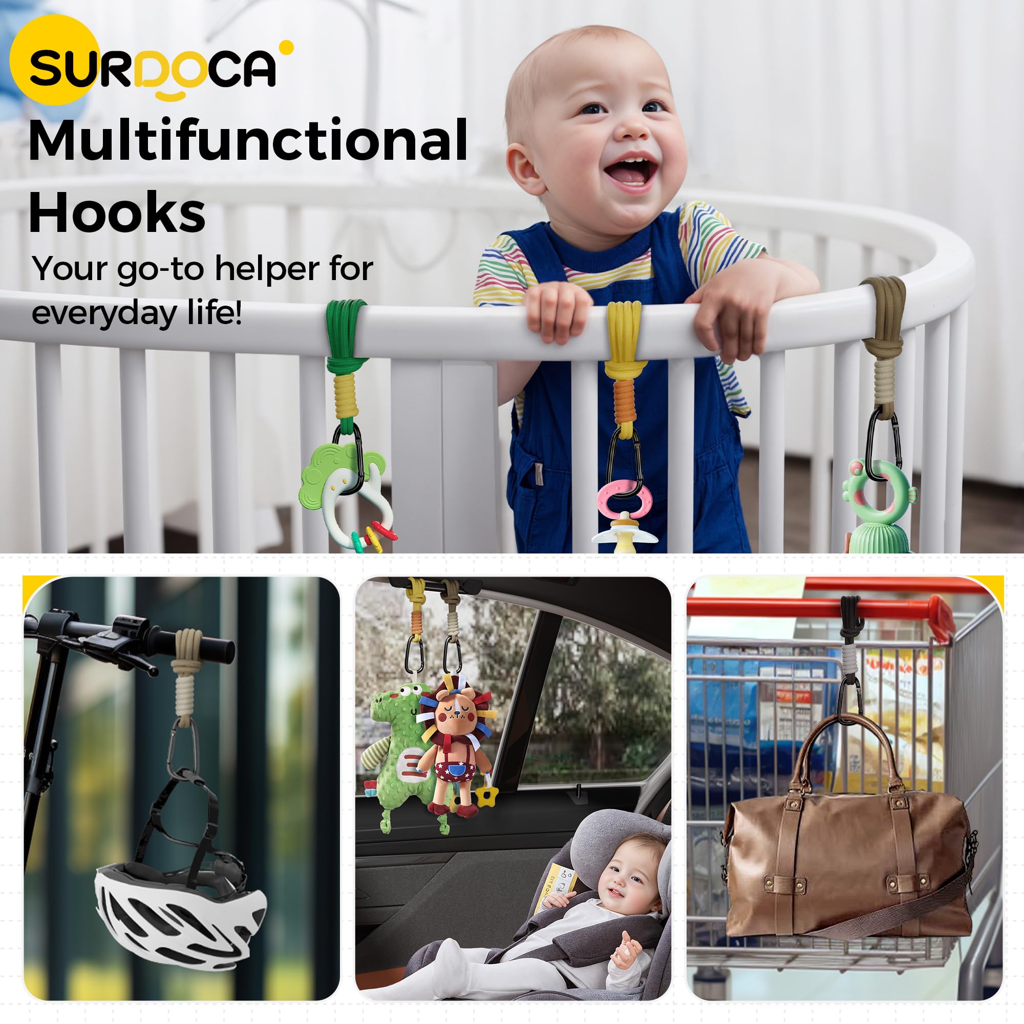 SURDOCA stroller hooks hanging bags demo shows quick and stable attachment