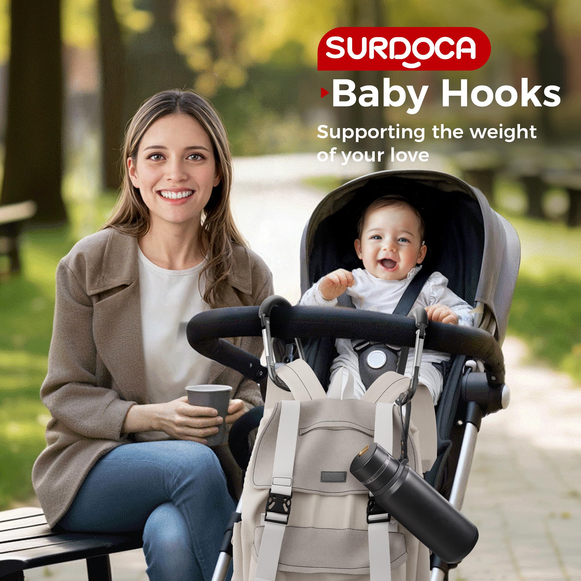 Surdoca stroller hooks enable multi-bag organization during outings.