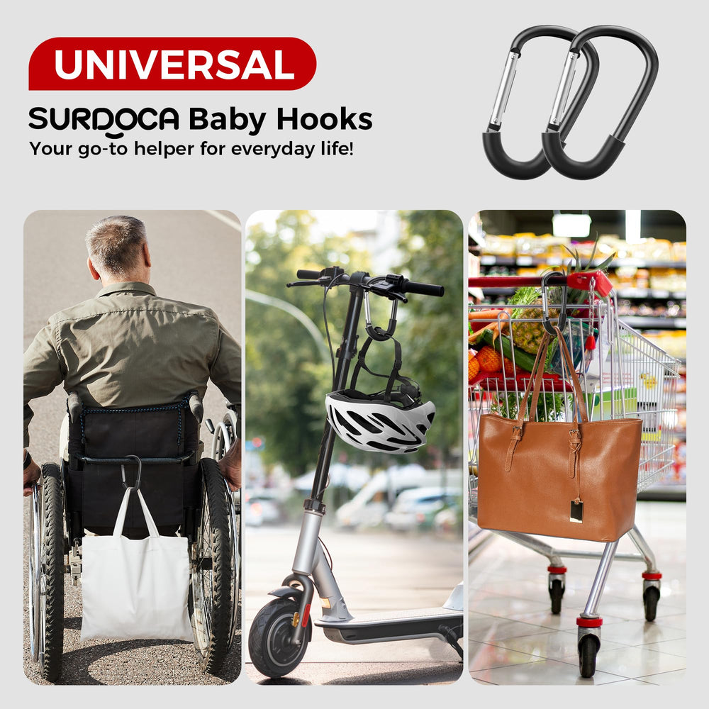 SURDOCA hooks are universally compatible with most strollers for versatility