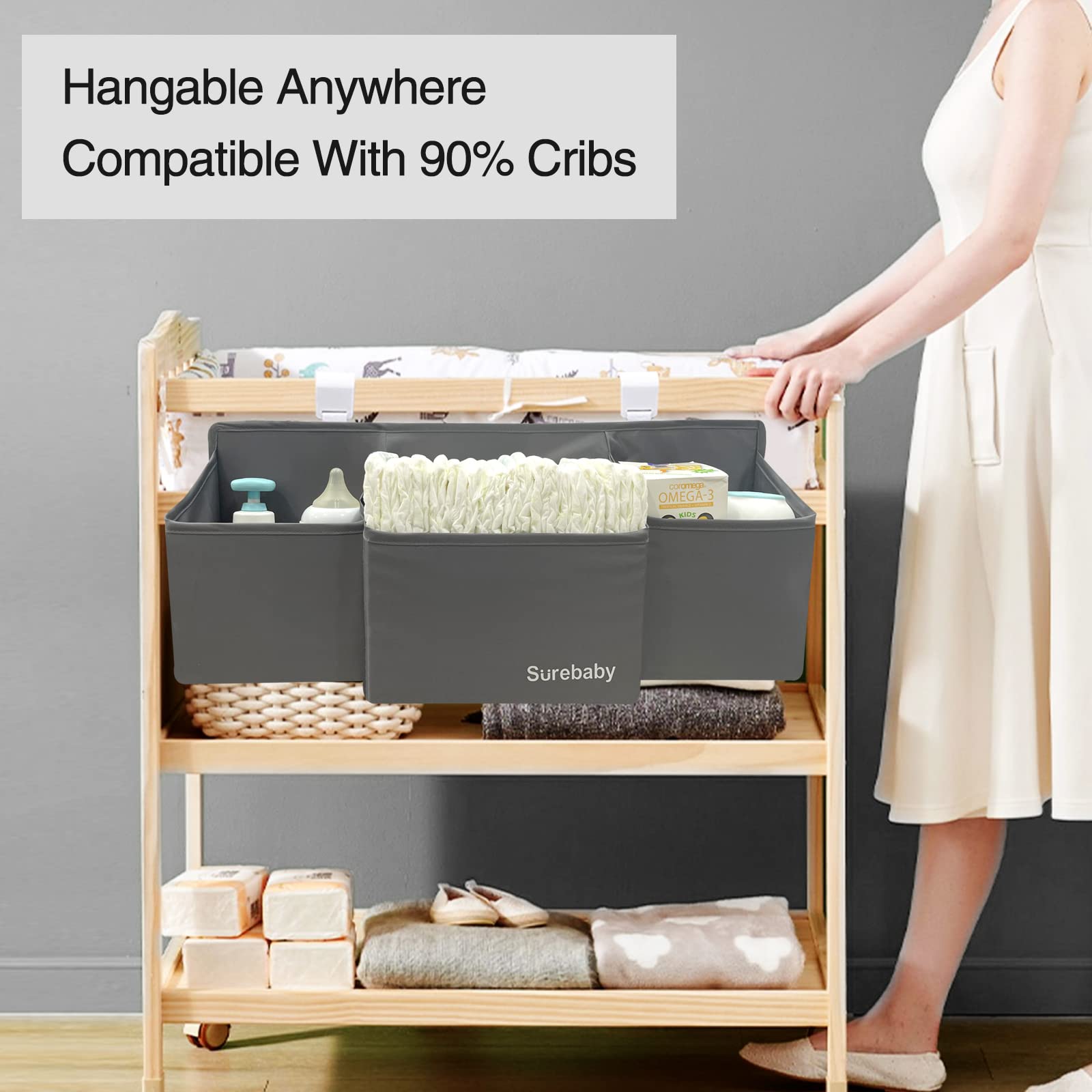 Surebaby hanging diaper caddy crib compatibility for versatile nursery use.