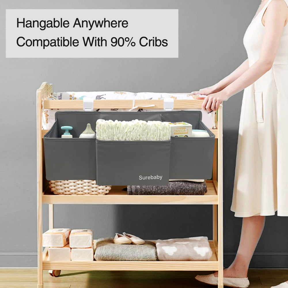 Surebaby hanging diaper caddy crib compatibility for versatile nursery use.