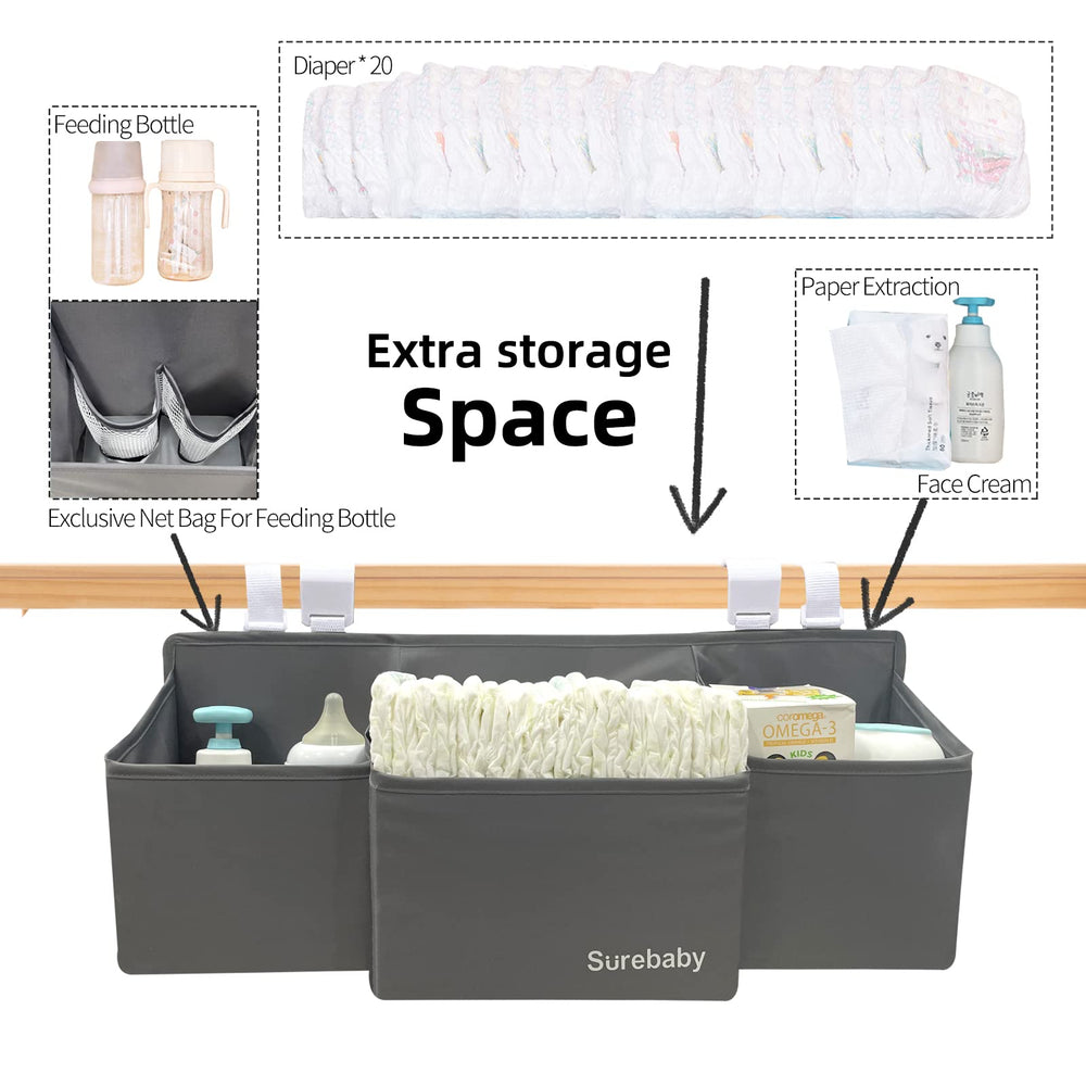 Surebaby hanging diaper caddy Oxford fabric for durable, wipe-clean use in busy nurseries.