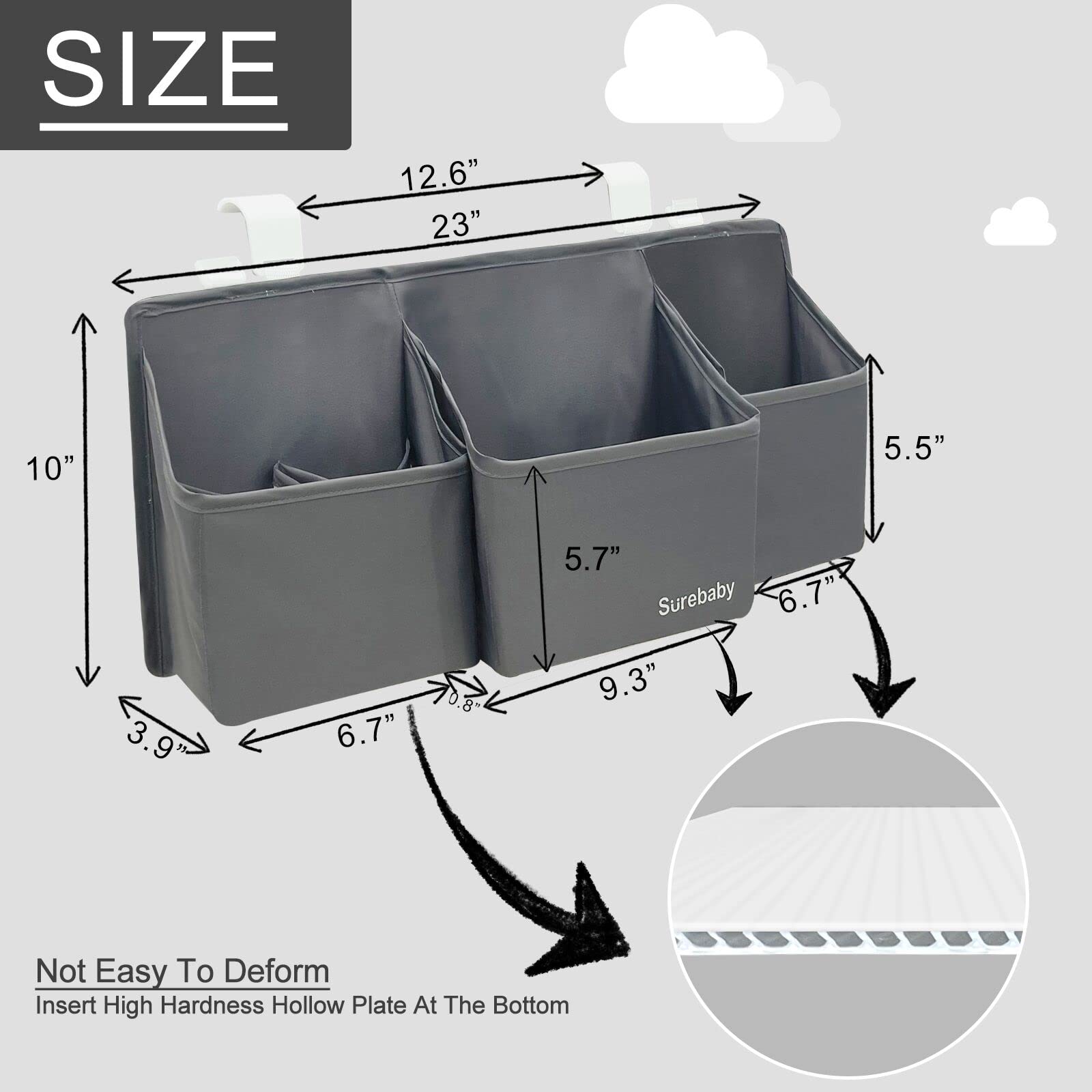 Surebaby hanging diaper caddy easy to clean and waterproof for spill-ready use.