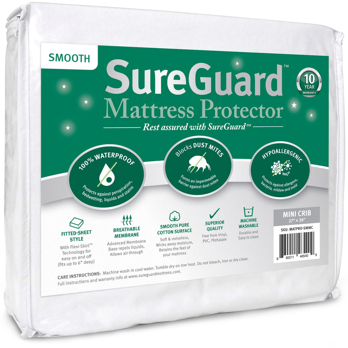 SureGuard Mini Crib Mattress Protector laid on a crib mattress showing waterproof protection.