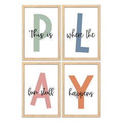Surfapans nursery wall decor set4 wood-framed signs create a playful learning atmosphere.