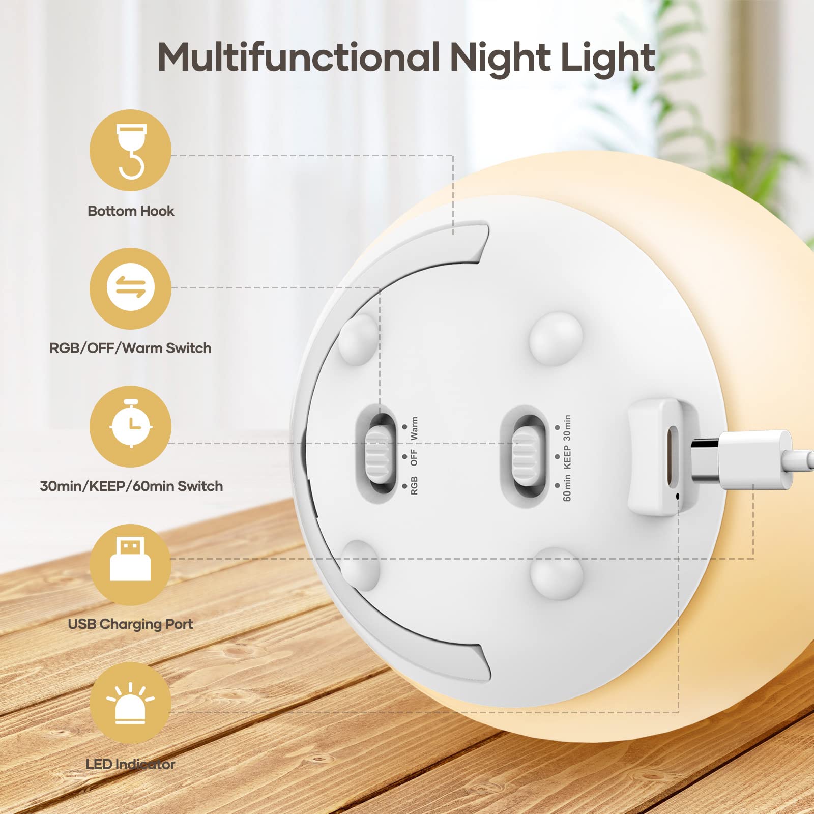 Suright Night Light USB-rechargeable with quick charging and long battery life