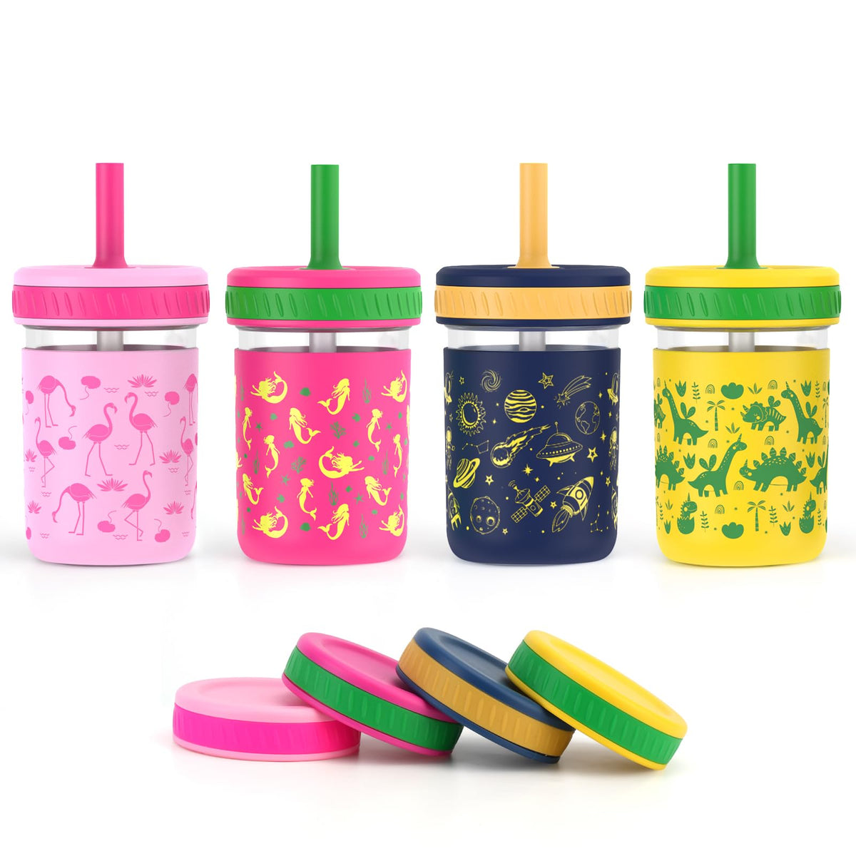 Sursip toddler glass cups with straw 8 oz, four-pack for easy on-the-go hydration.