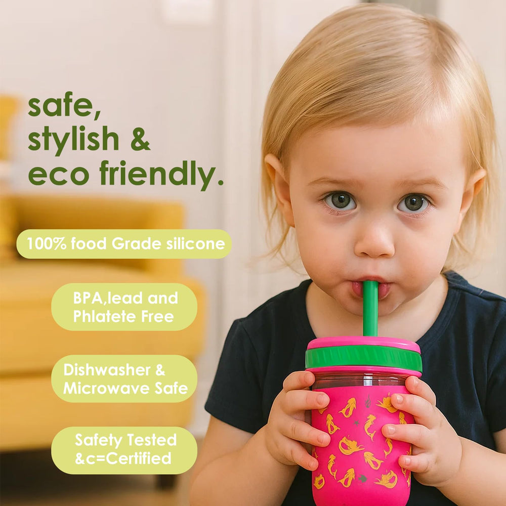 Sursip toddler glass cups with straw are spill-proof for easy on-the-go sipping.