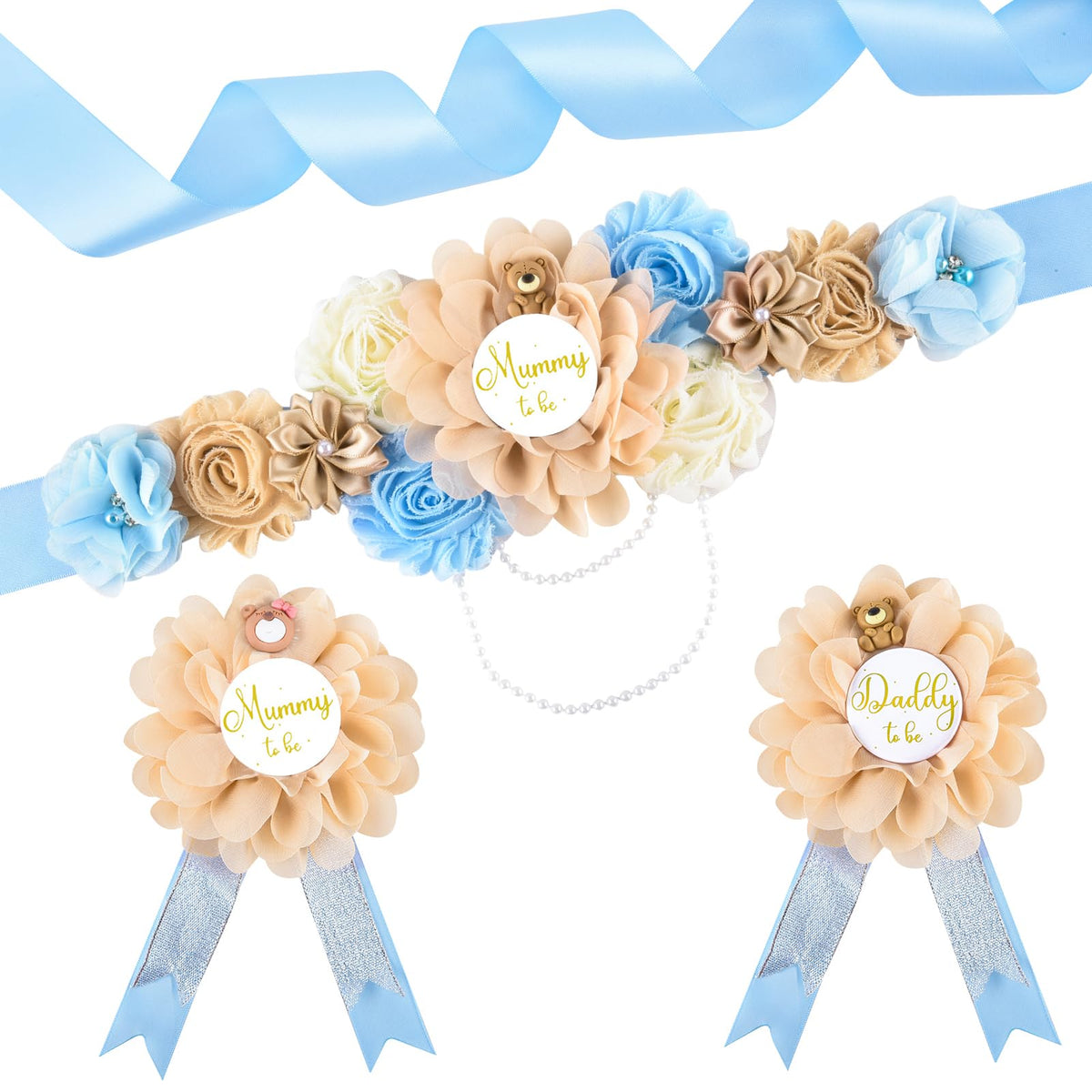 SUSSURRO teddy bear maternity sash blue flower detail for memorable baby shower photos