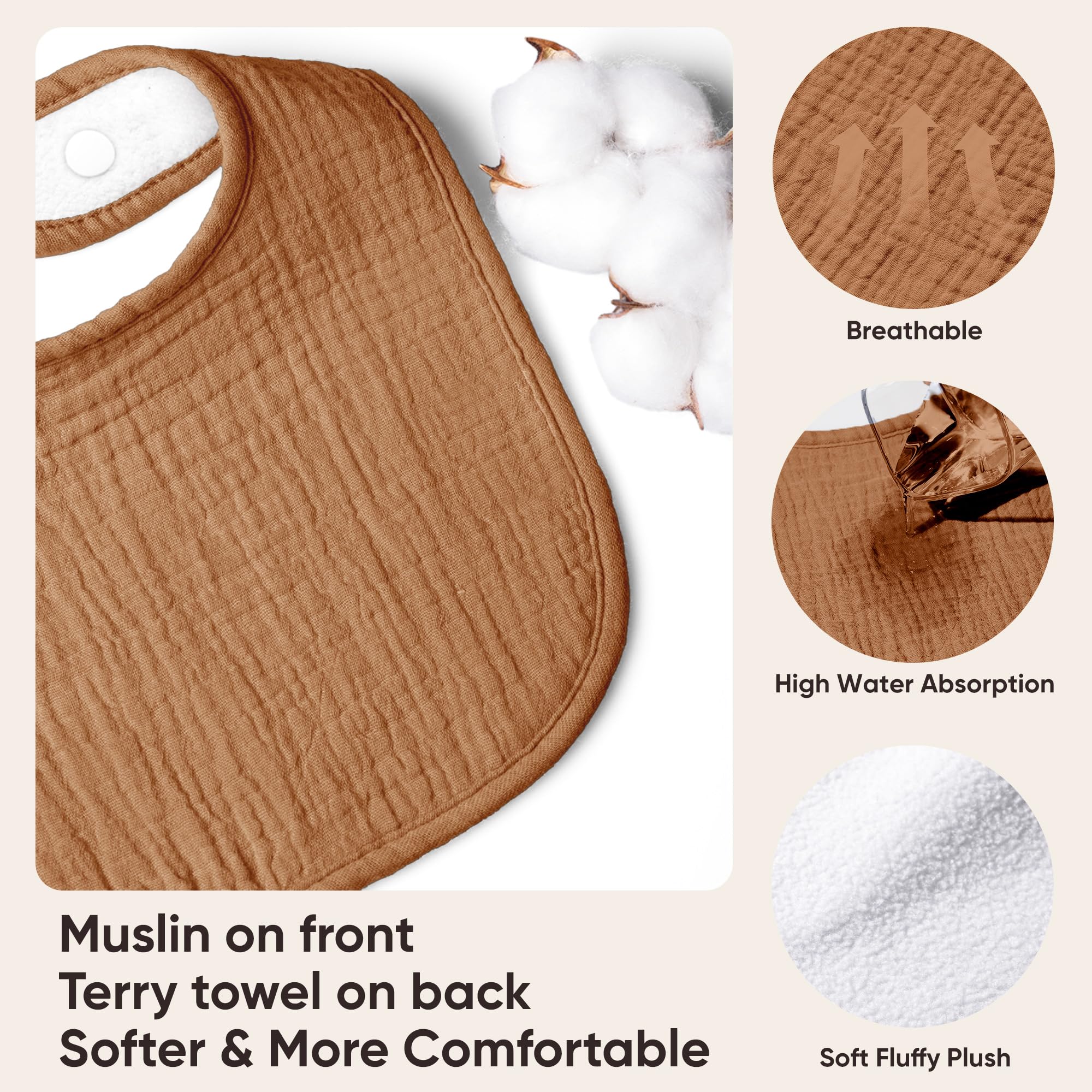 Susurration bib muslin front; soft plush back for gentle skin comfort