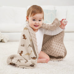 Susurration baby blanket dinosaur back with dotted fleece offers cozy, secure cuddling.