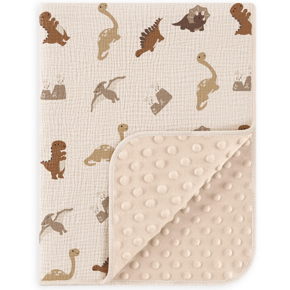 Susurration baby blanket dinosaur front shows muslin cotton warmth for sensitive skin.
