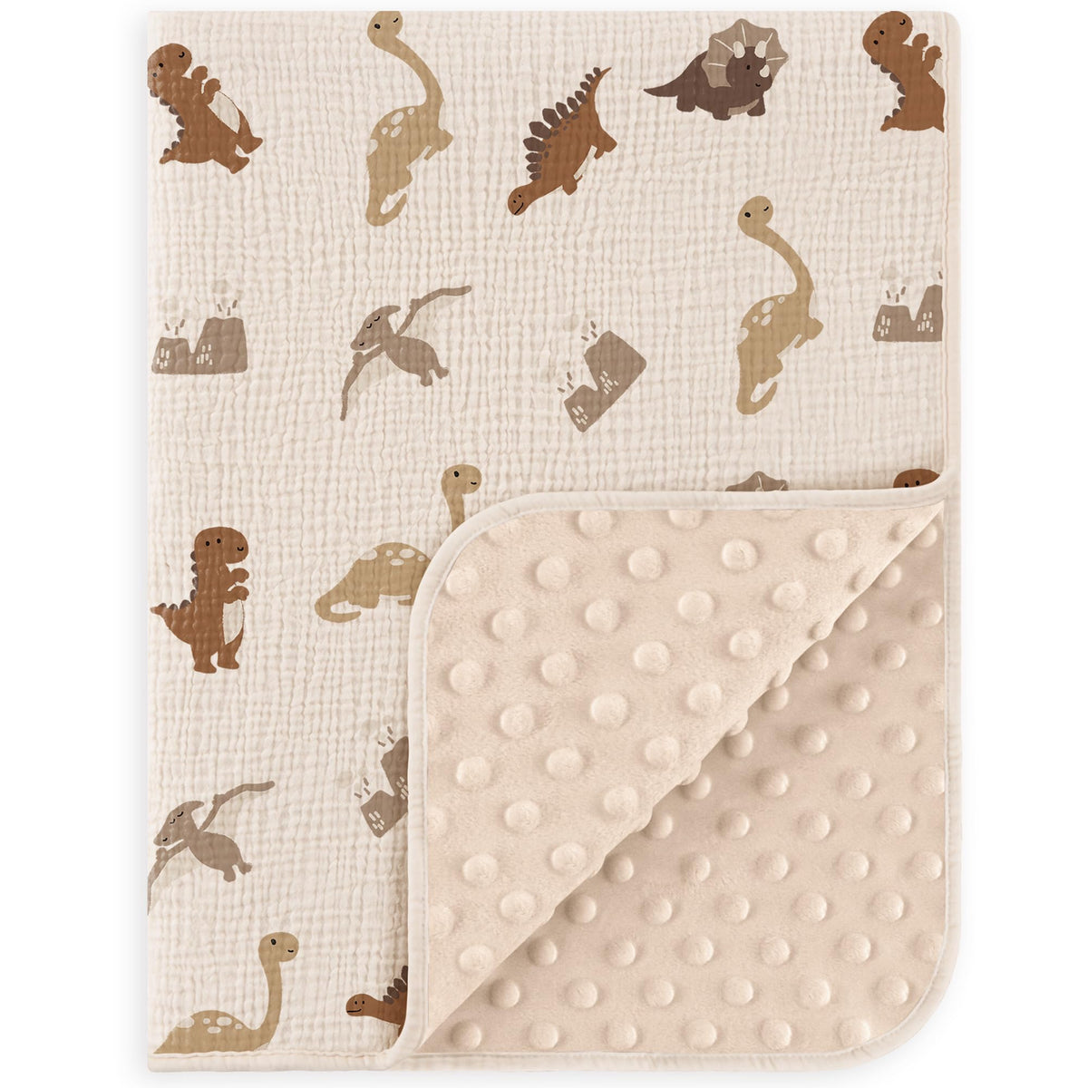 Susurration baby blanket dinosaur front shows muslin cotton warmth for sensitive skin.