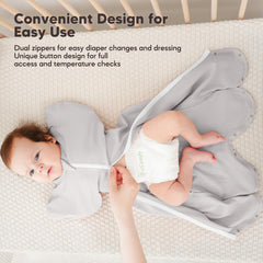 Susurration Baby Sleep Sack button zipper view demonstrates easy ventilation and quick diaper changes