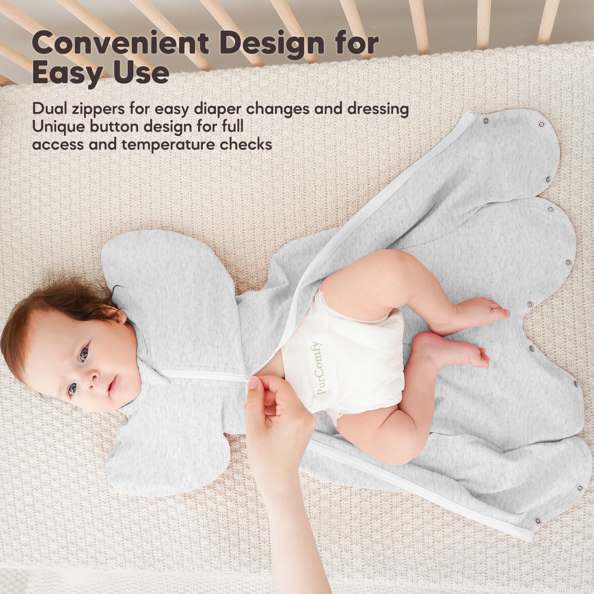 Susurration newborn sleep sack demonstrates arms-up self-soothing position