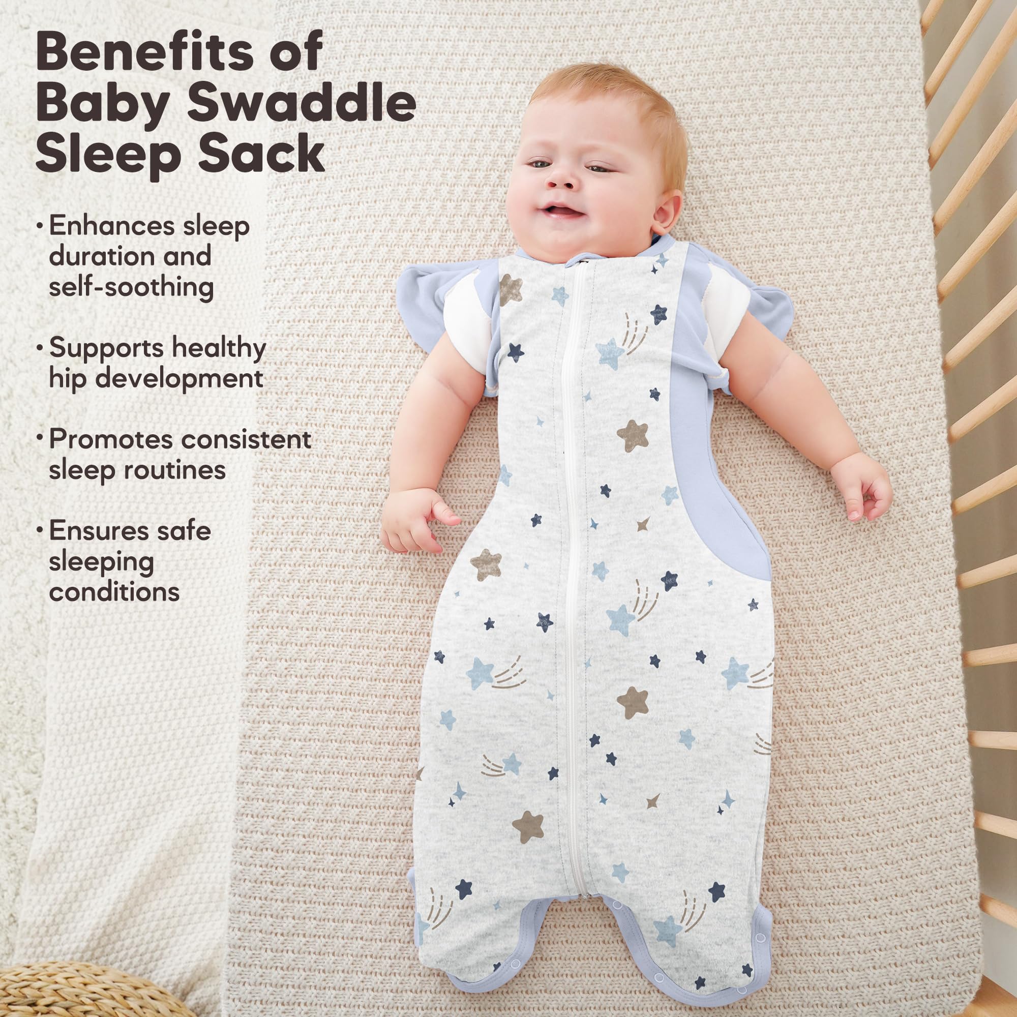 Susurration baby sleep sack model wearing 3-6 months shows self-soothing arms-up fit