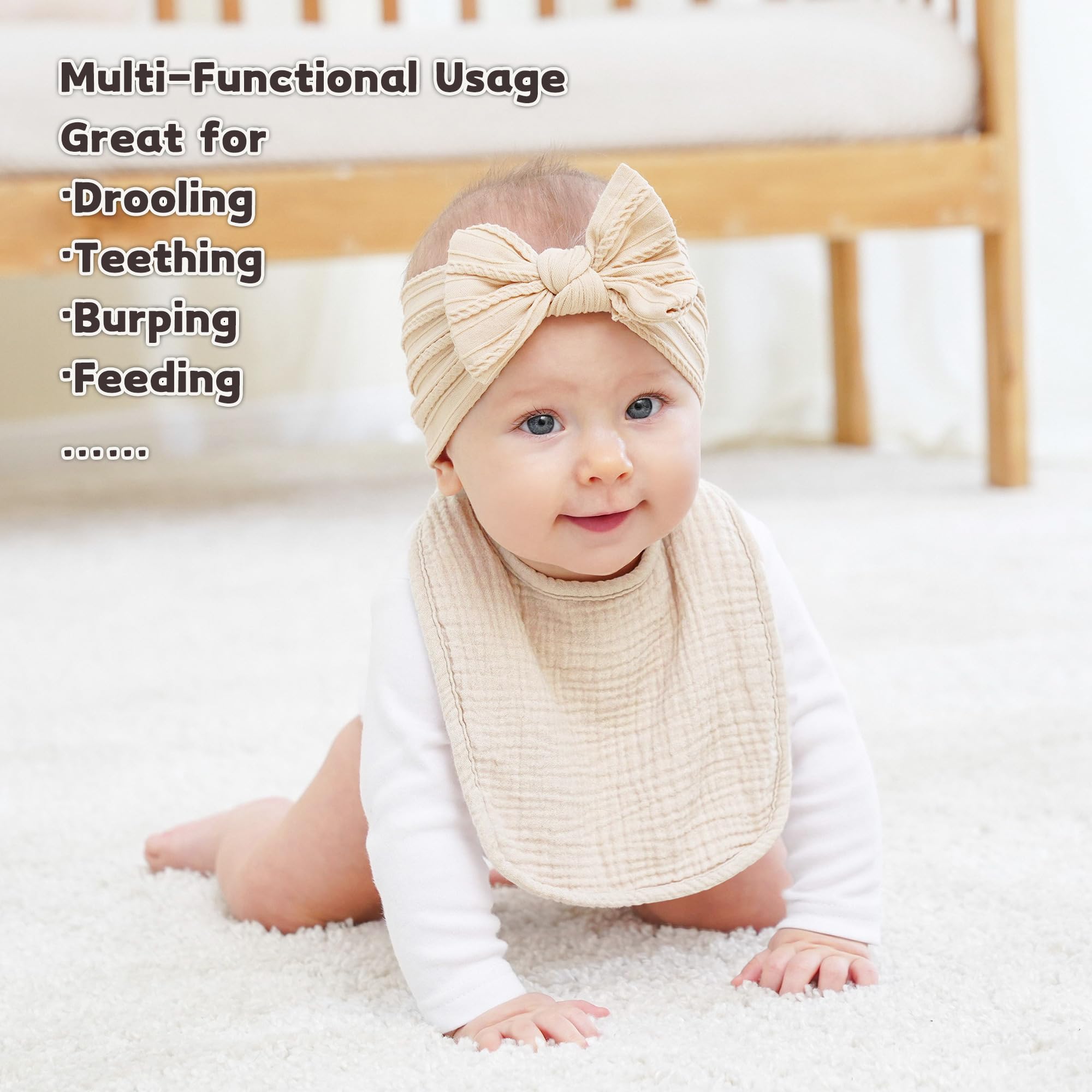 Susurration bandana bib in colorful pattern demonstrates versatile coverage for drool.