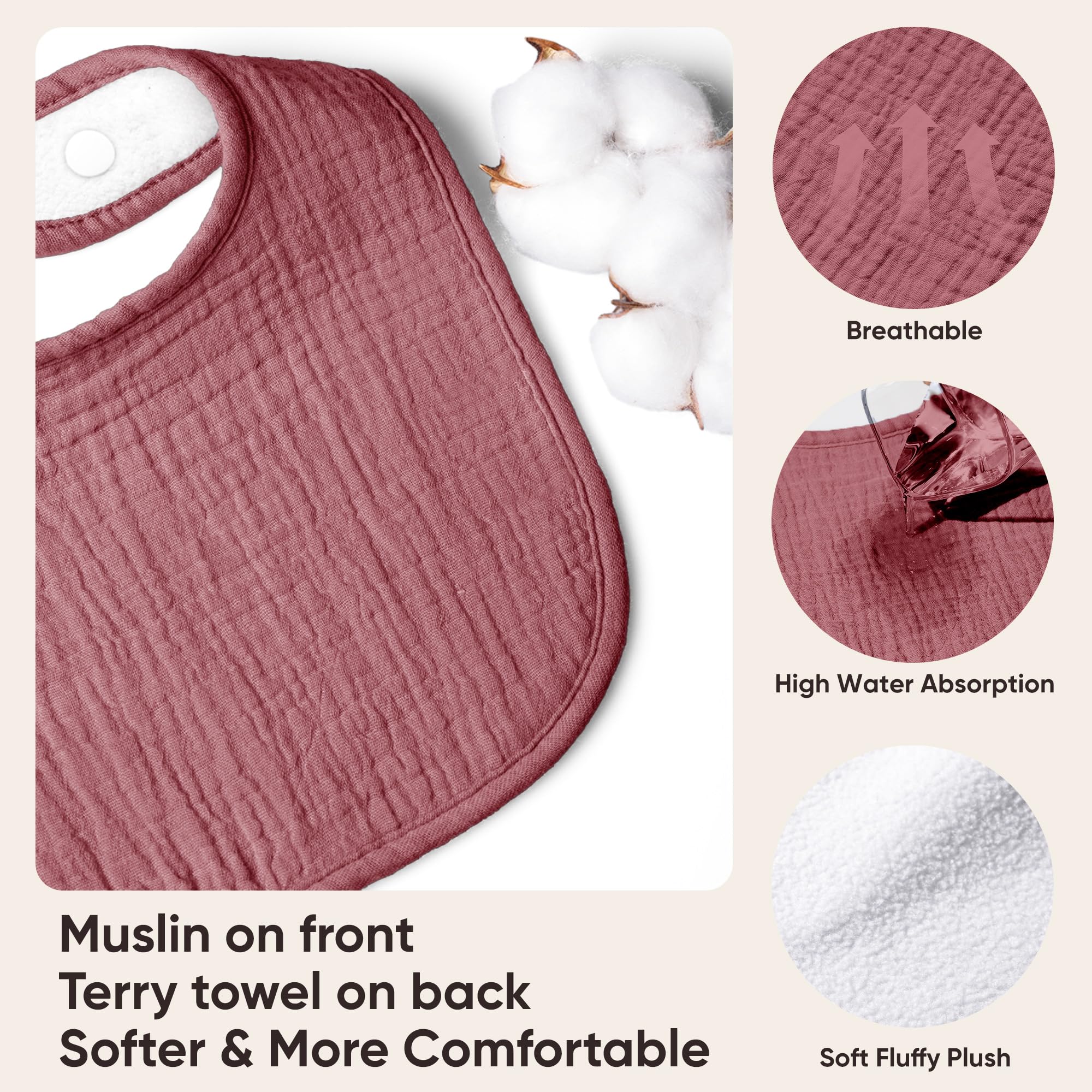 Susurration bibs adjustable-snaps offer growing-room fit for newborns to 36 months.