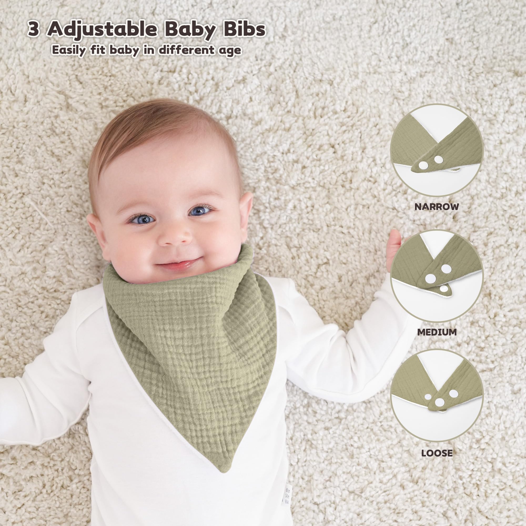 Susurration bibs adjustable-snaps close-up showing growth-friendly two-snap design
