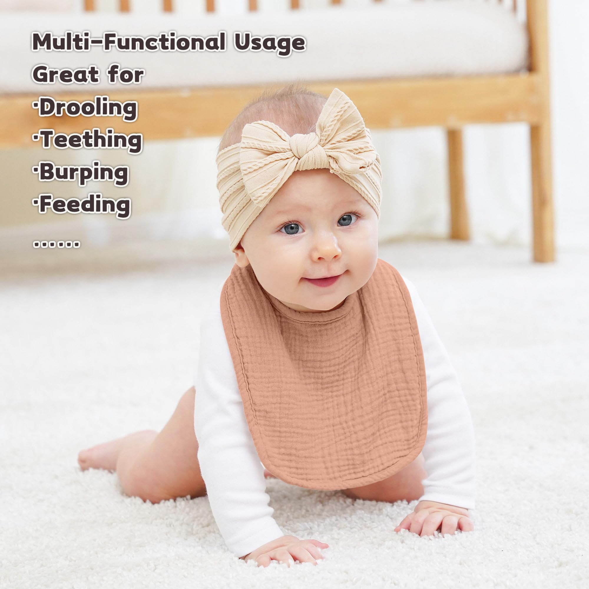 Susurration muslin baby bibs adjustable snaps closeup, easy resizing as baby grows
