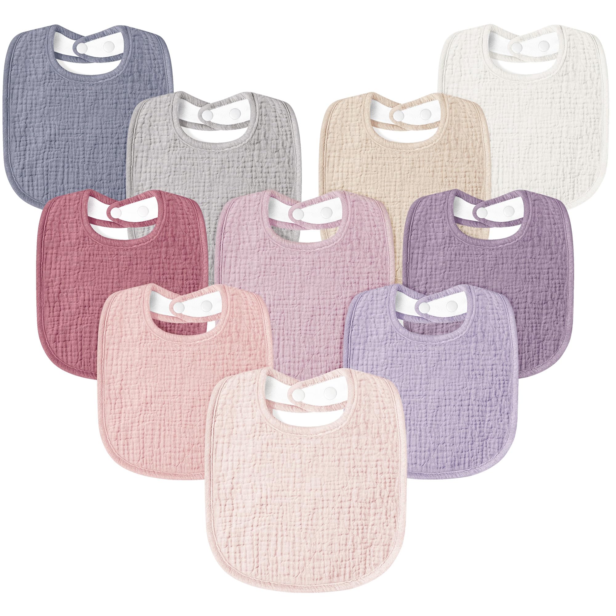 Susurration bib with adjustable snaps in pink for a snug fit.