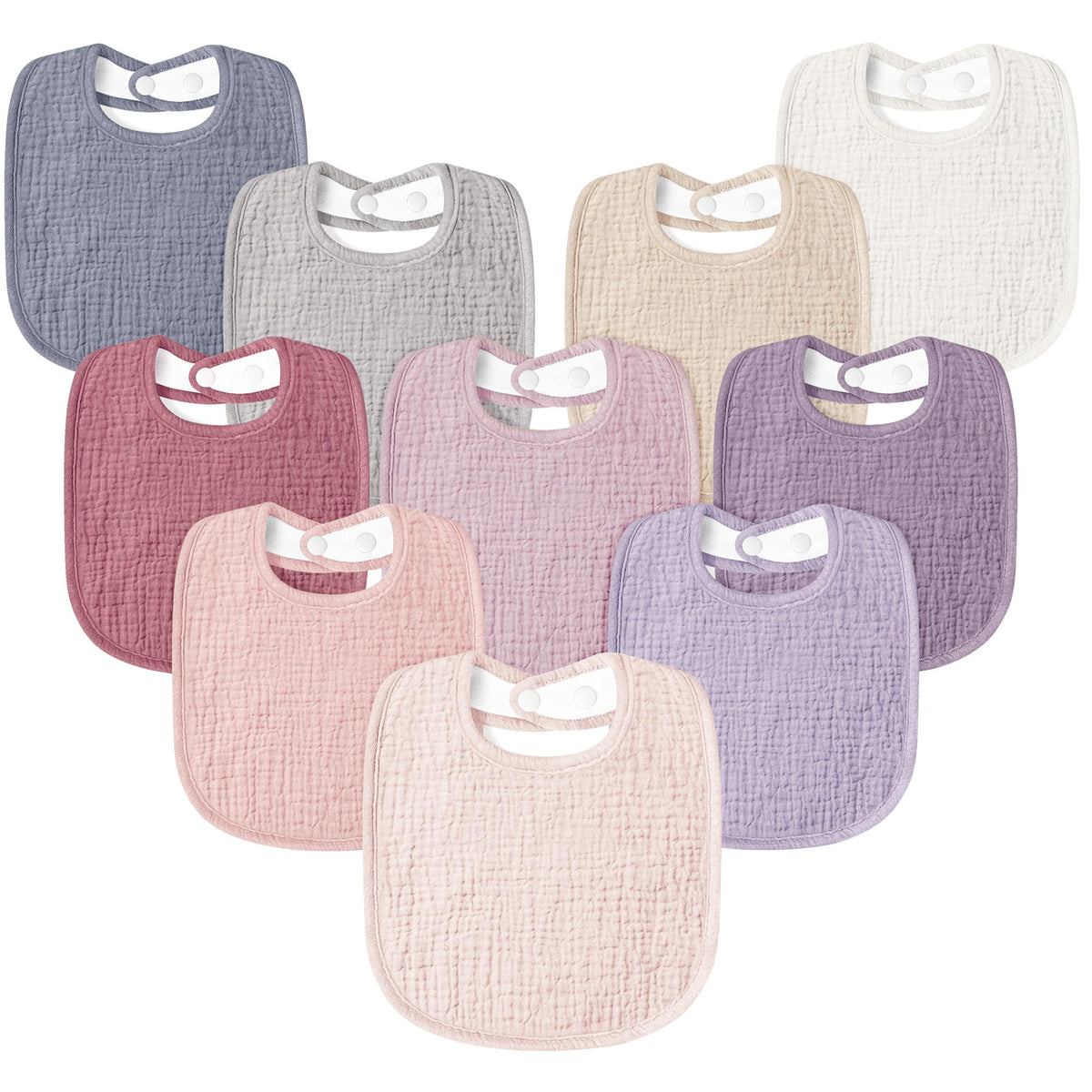 Susurration bib with adjustable snaps in pink for a snug fit.