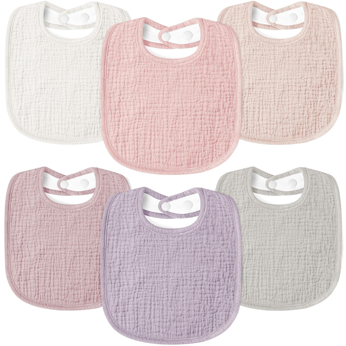 Susurration muslin baby bibs pack in vibrant colors, front view showcases versatile drool protection.