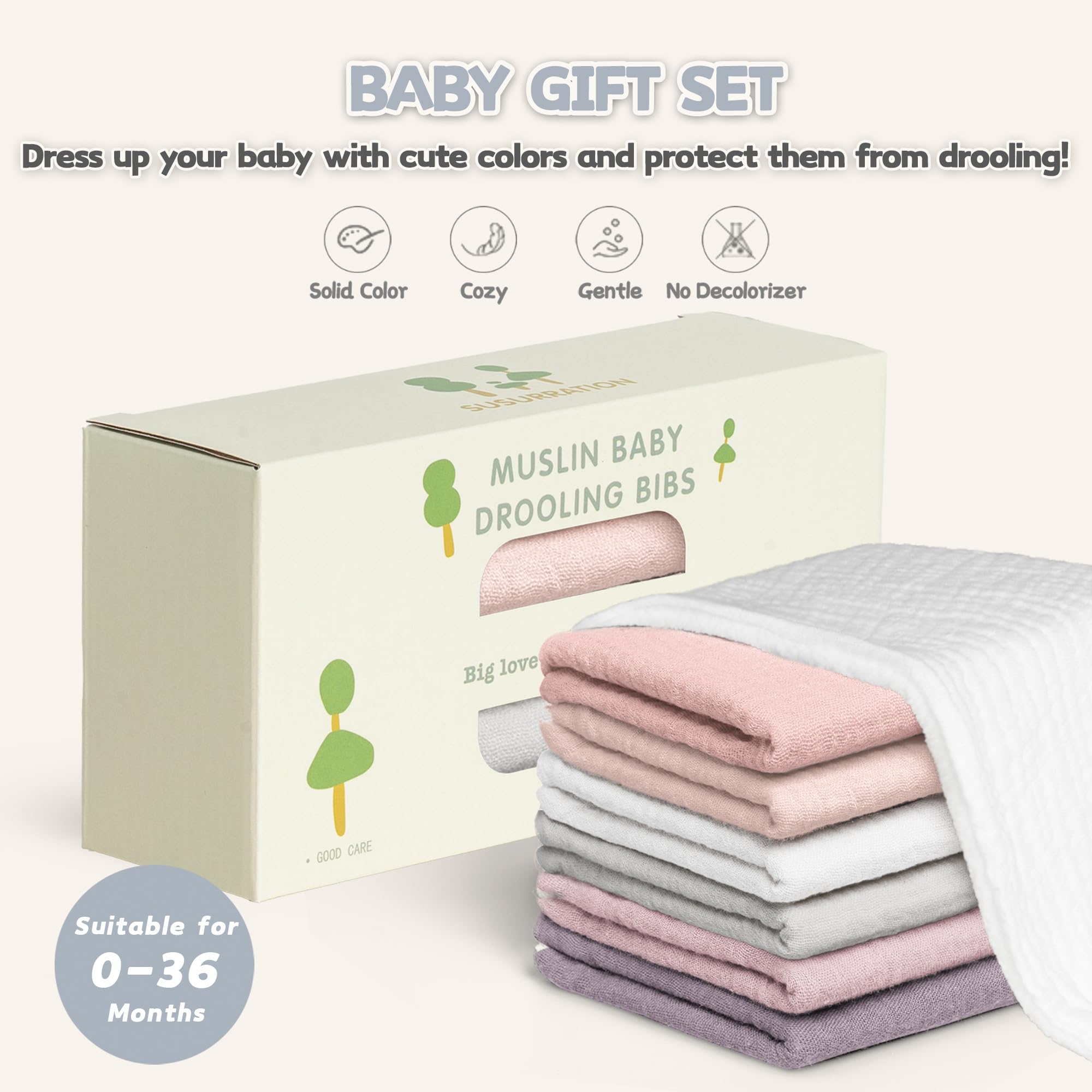 Susurration muslin baby bibs worn on baby demonstrate easy care and machine-washable practicality.