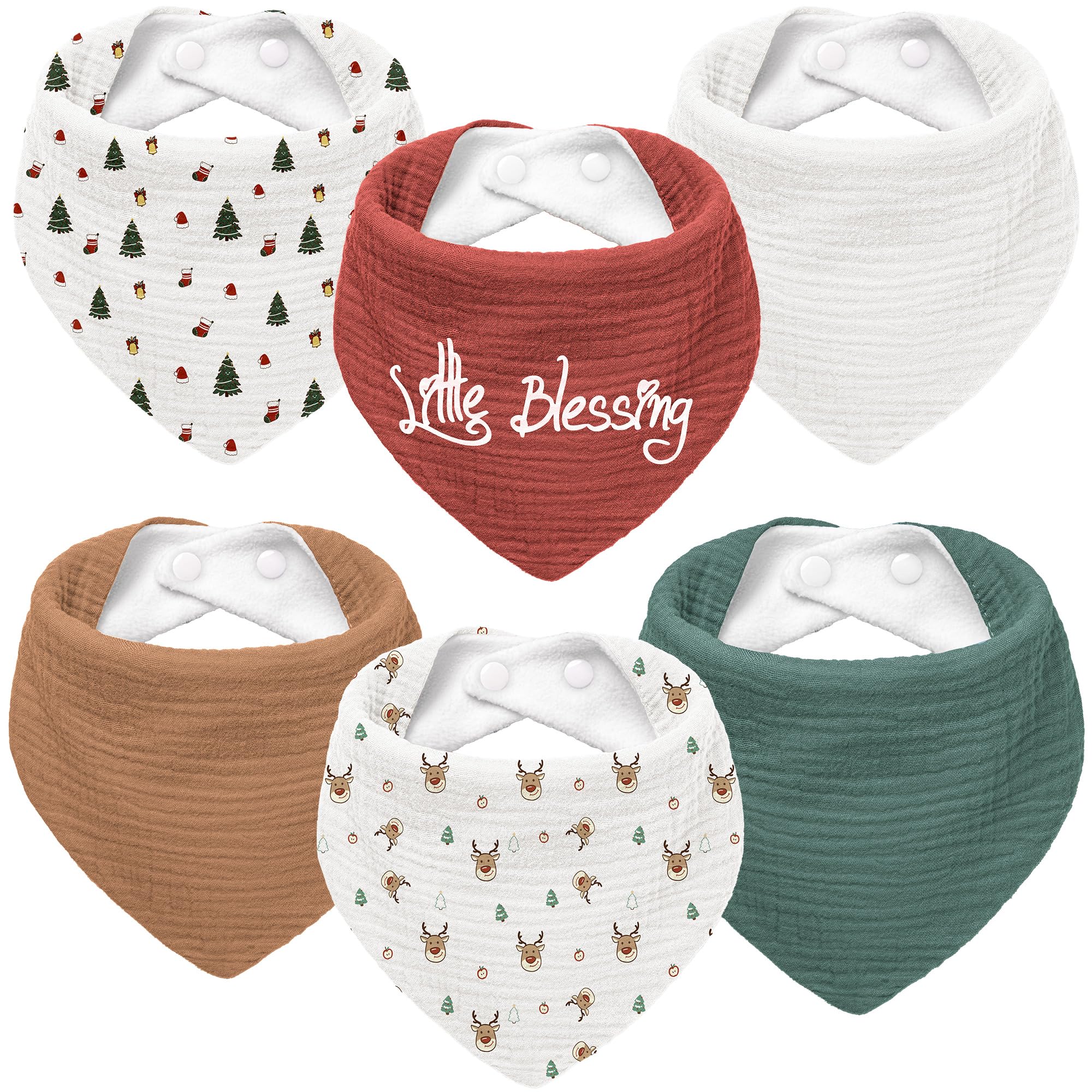 Susurration muslin baby drool bibs 6pack Christmas tree print close-up, ultra-absorbent for messes.