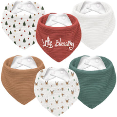 Susurration muslin baby drool bibs 6pack Christmas tree print close-up, ultra-absorbent for messes.