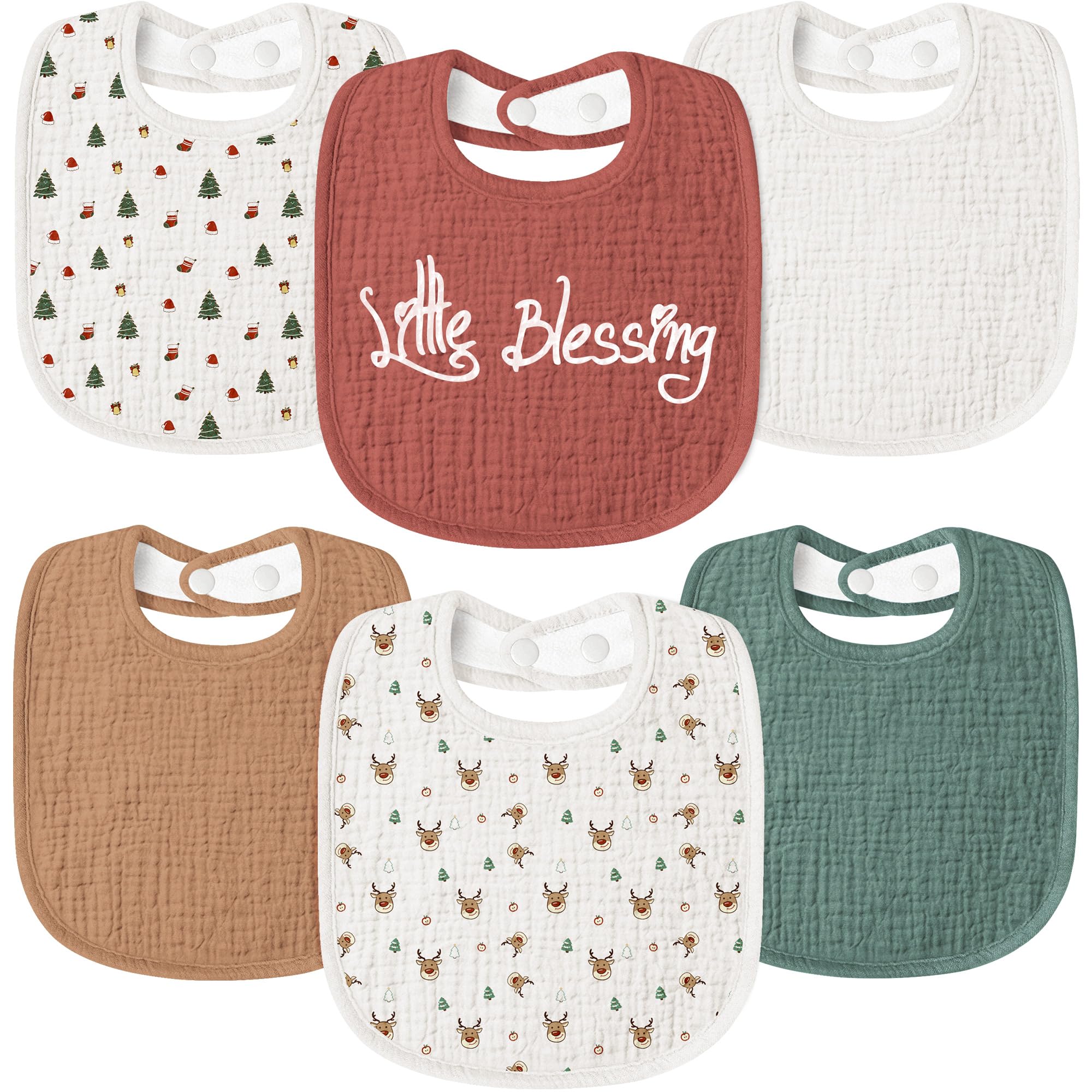 Susurration muslin baby drool bibs six-pack flatlay, showing soft absorbent layers for drool control.