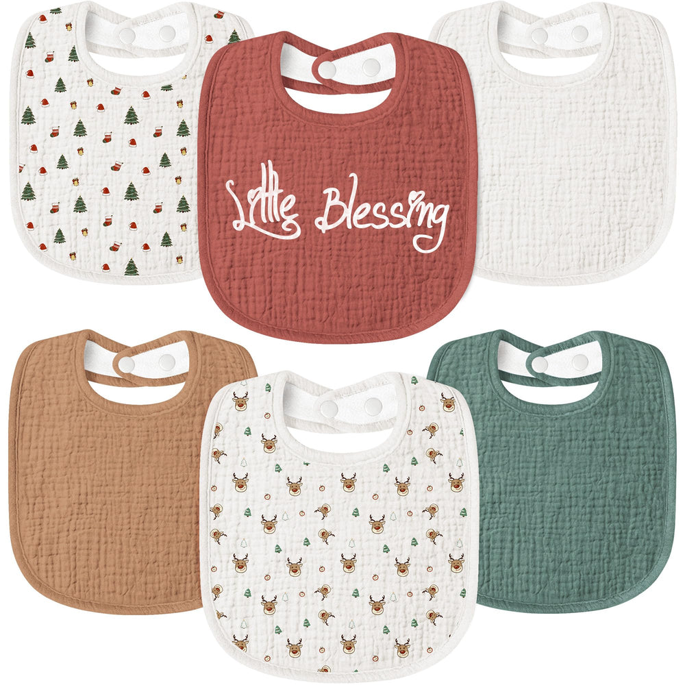 Susurration muslin baby drool bibs six-pack flatlay, showing soft absorbent layers for drool control.