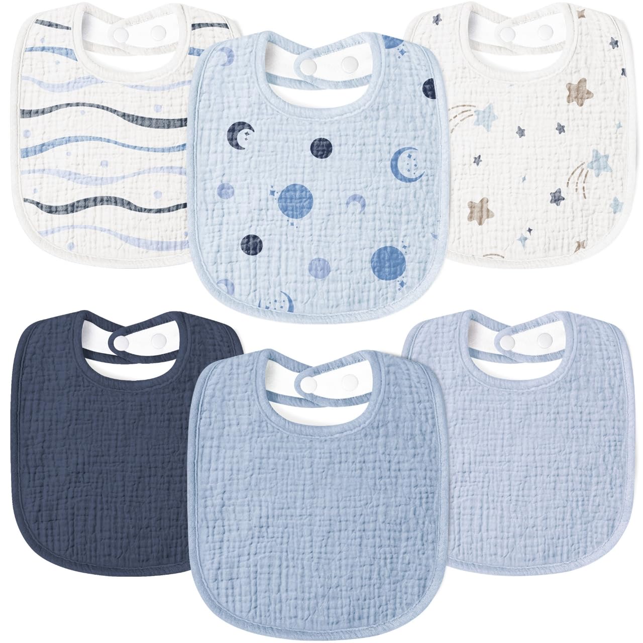 Susurration muslin baby drool bibs blue stars front view shows soft absorbent fabric for all-day comfort.