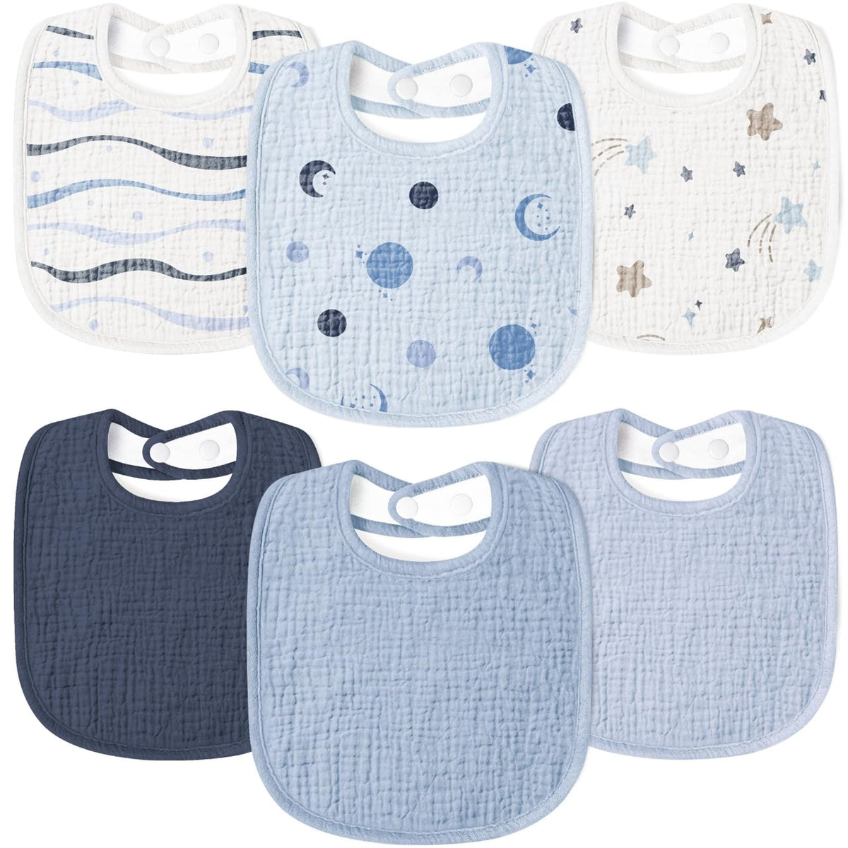 Susurration muslin baby drool bibs blue stars front view shows soft absorbent fabric for all-day comfort.