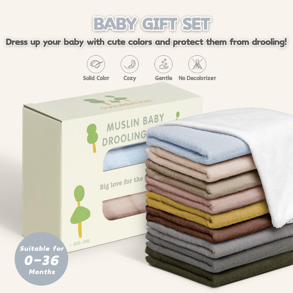 Susurration muslin baby drool bibs in use by baby during feeding and play