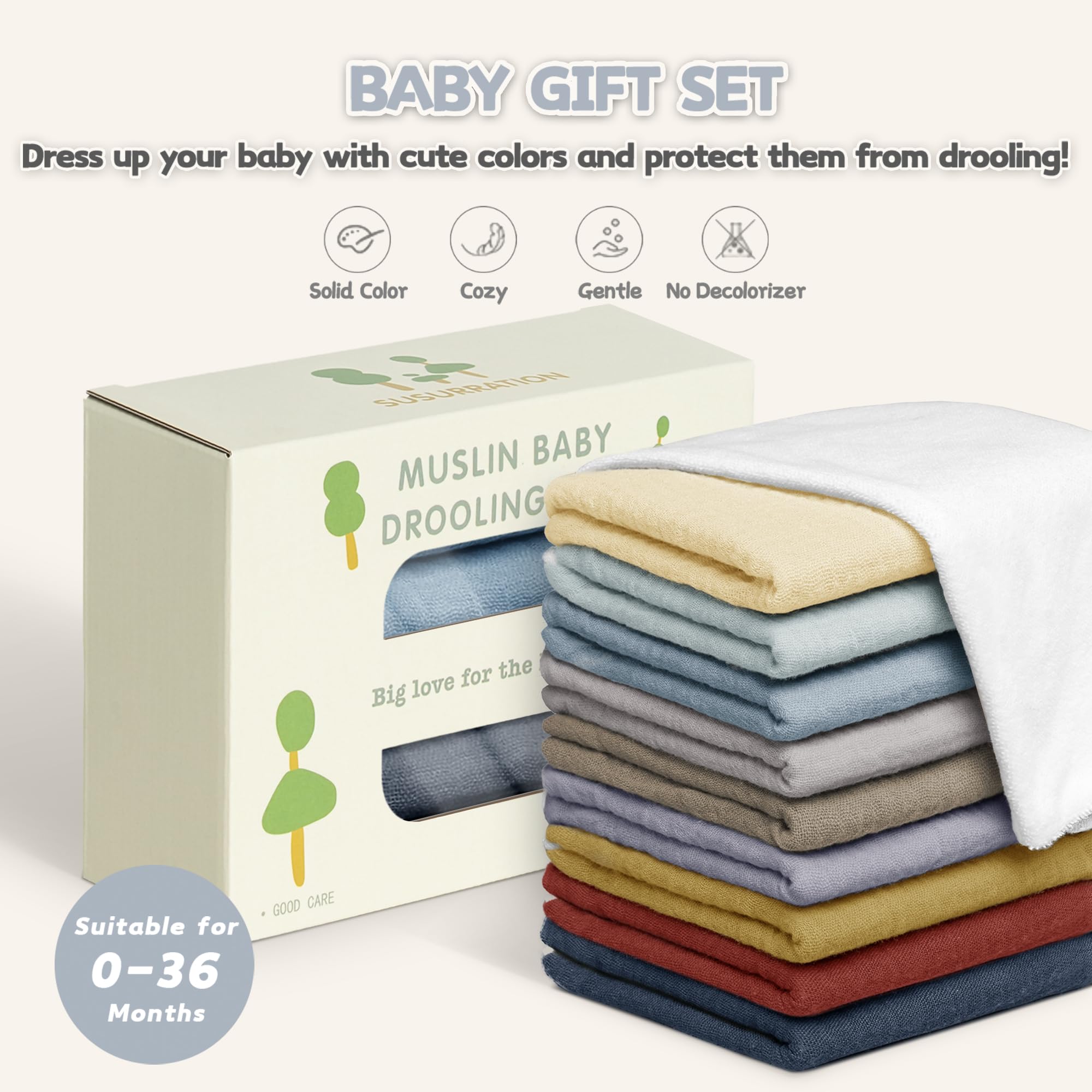 Susurration muslin bib on baby during meals shows drool protection.