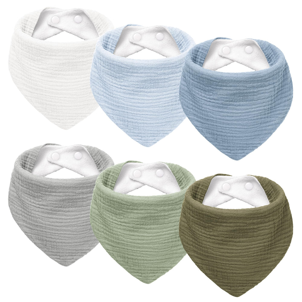 Susurration Muslin Baby Drool Bibs 6-pack pack shot shows unisex colors and soft fabric.