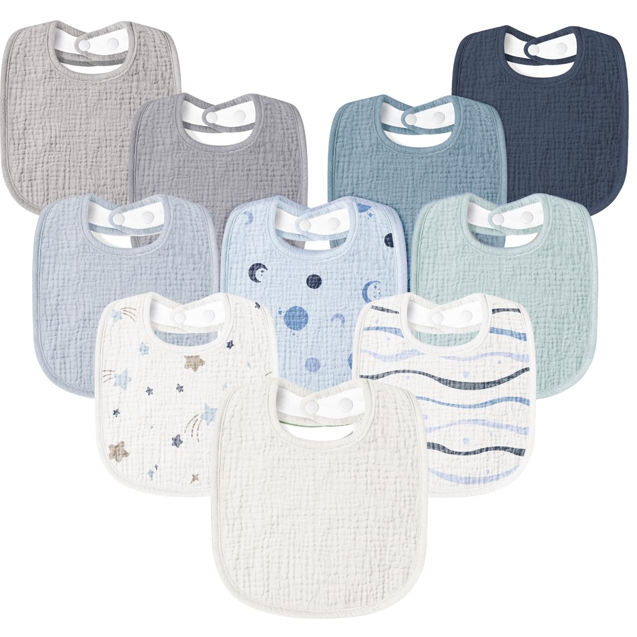 Susurration Blue Planet bibs with adjustable snaps for growing babies.