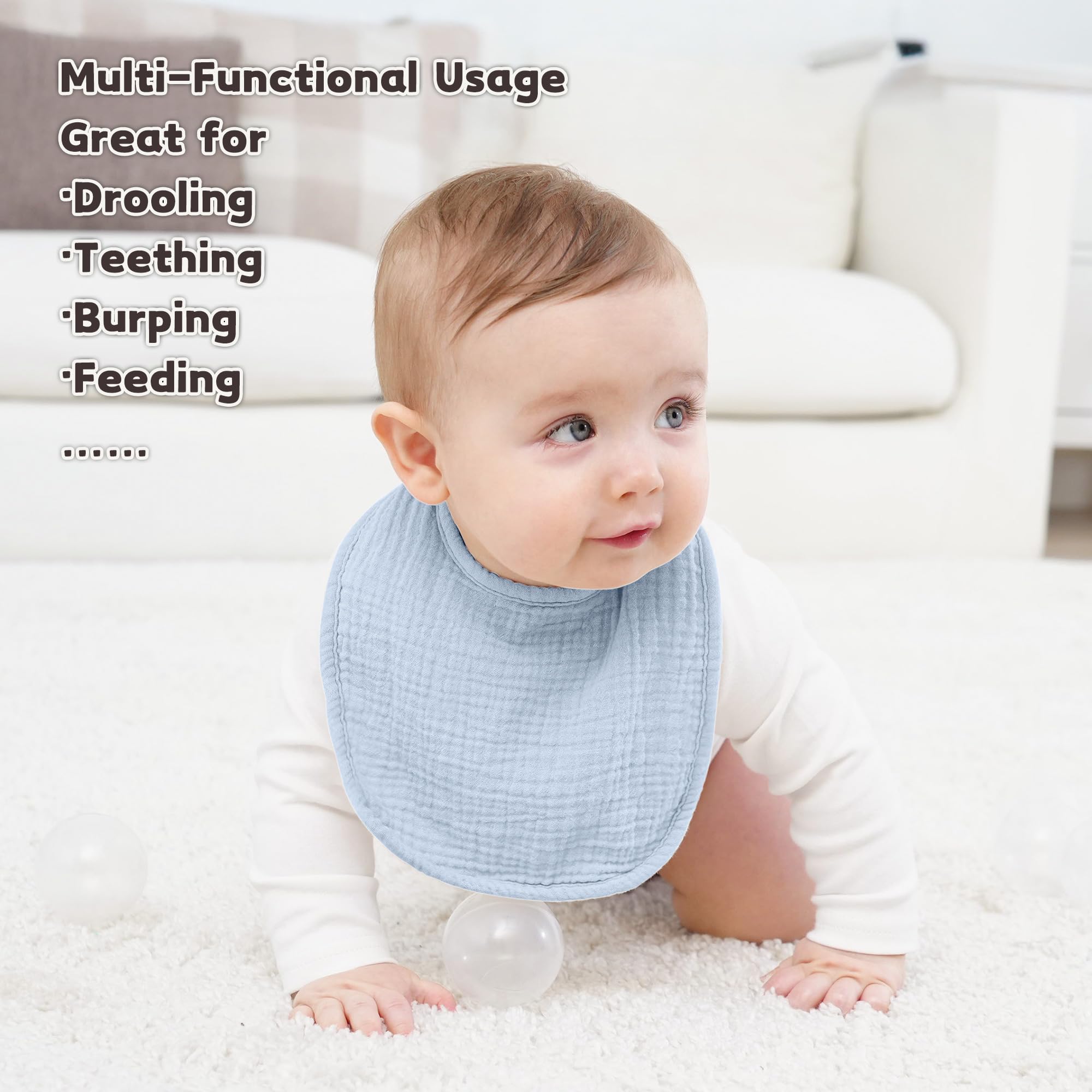 Susurration bibs show soft absorbent muslin with protective backing for all-day comfort.