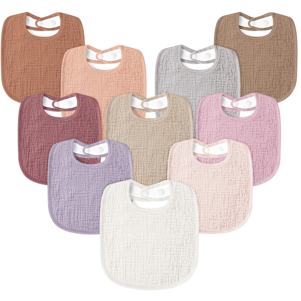 Susurration muslin baby drool bibs flatlay in plum color, showing soft textures for gentle everyday wear.