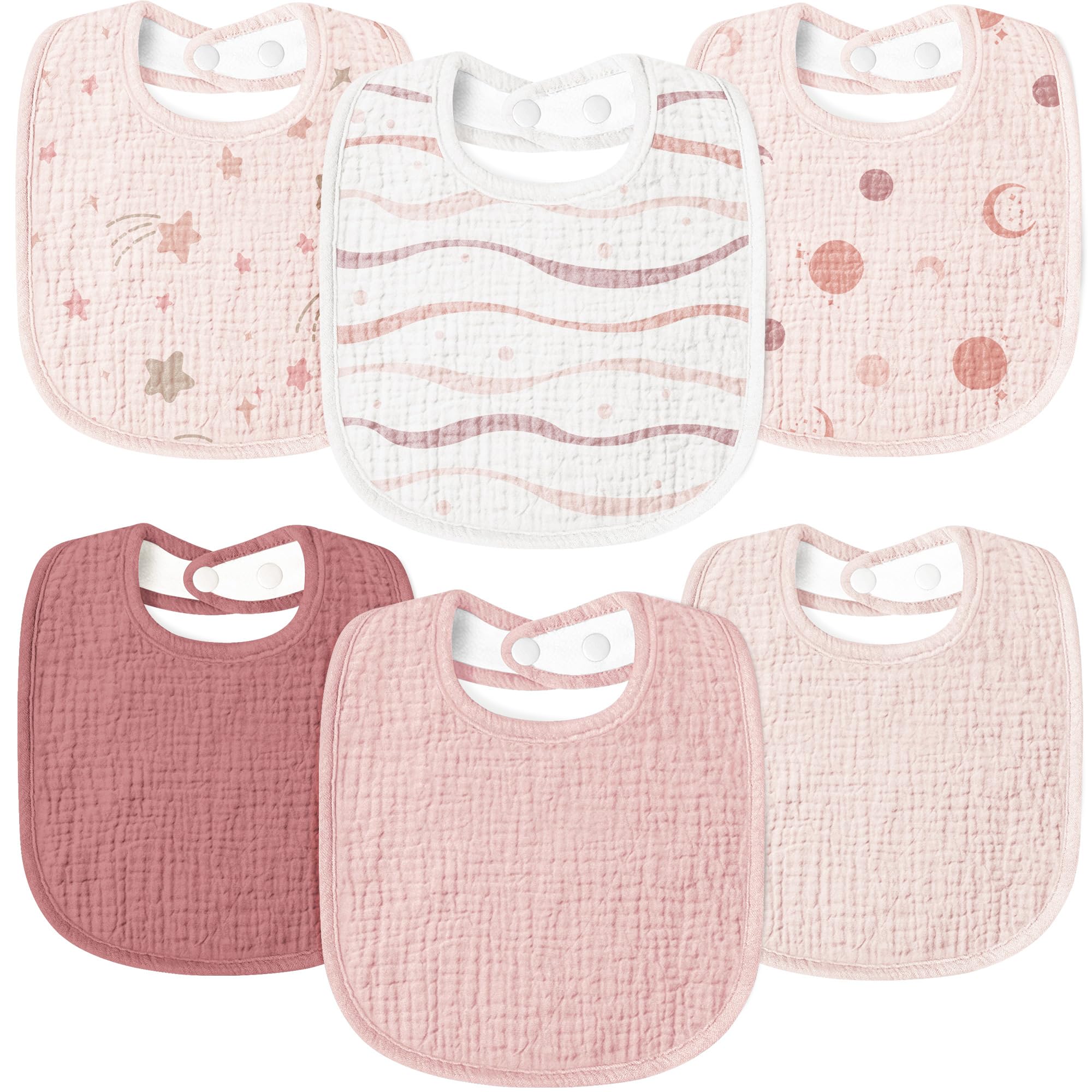 Susurration Muslin Baby Drool Bibs pink print pack front, showcasing soft absorbent cotton for drool