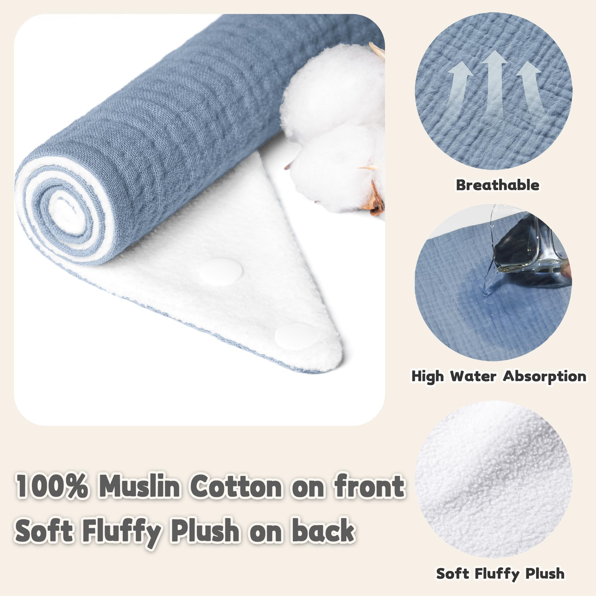 Susurration Muslin Baby Drool Bibs snaps detail showing adjustable fit for growth.