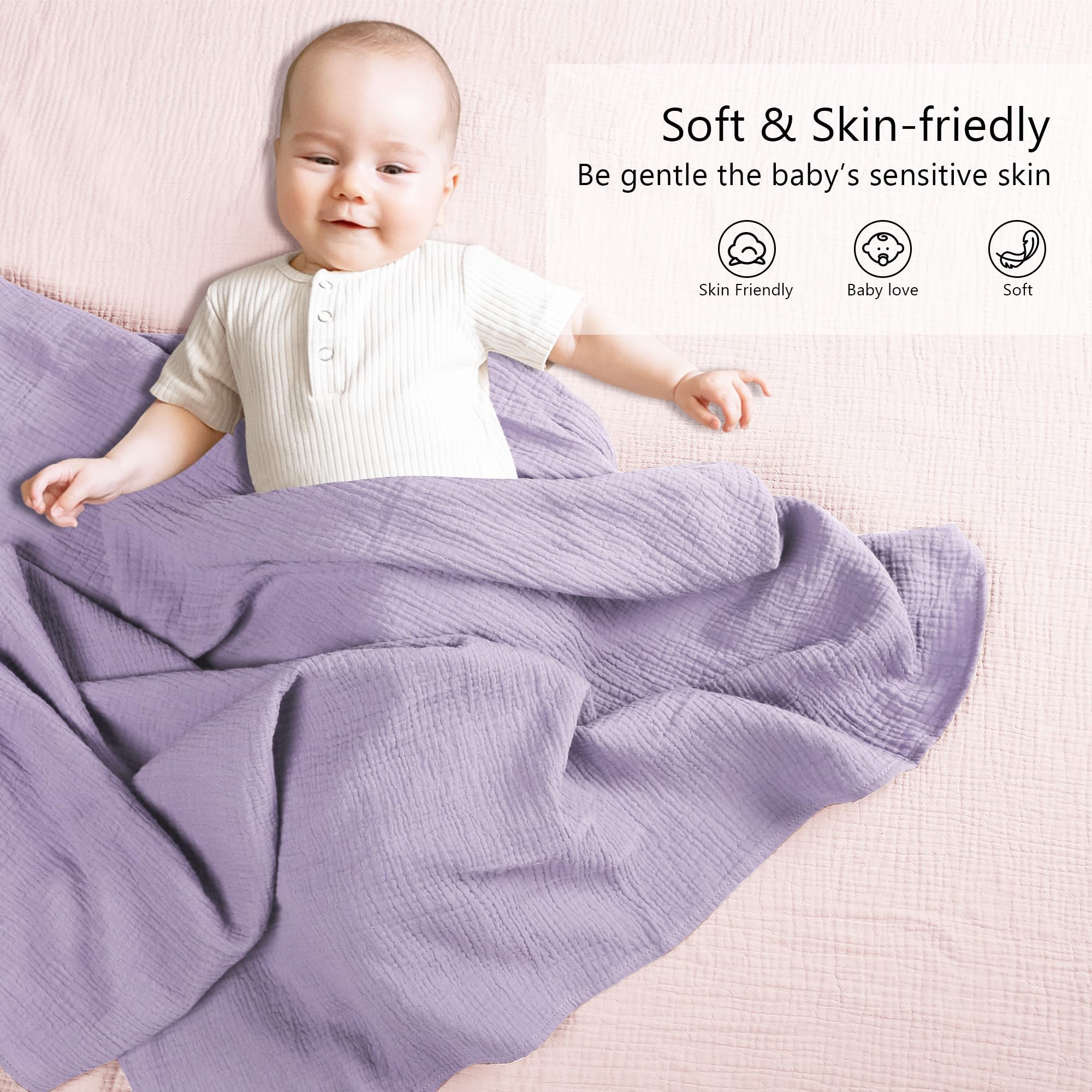Susurration muslin swaddle blanket pink-purple wrapped to secure baby comfort during swaddling.