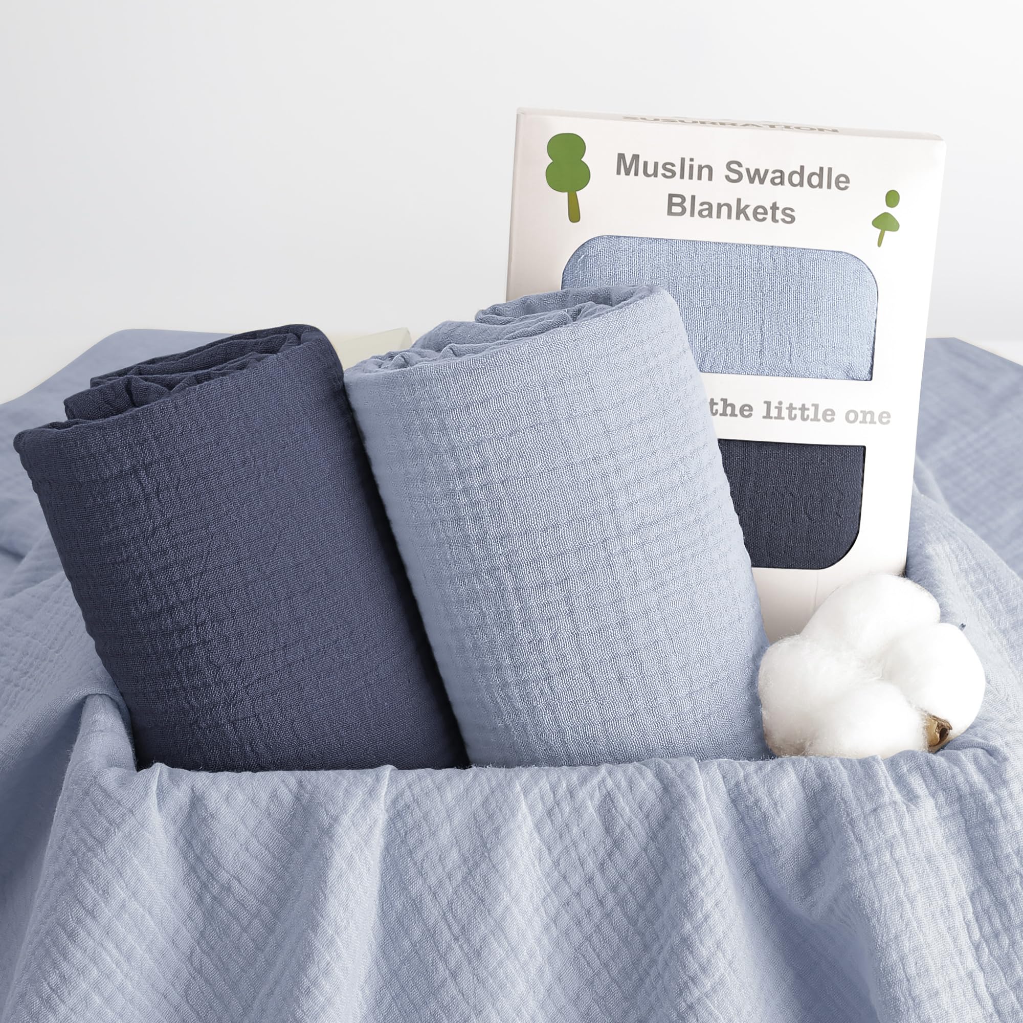 Susurration muslin swaddle navy packaging hints at gift-ready presentation.