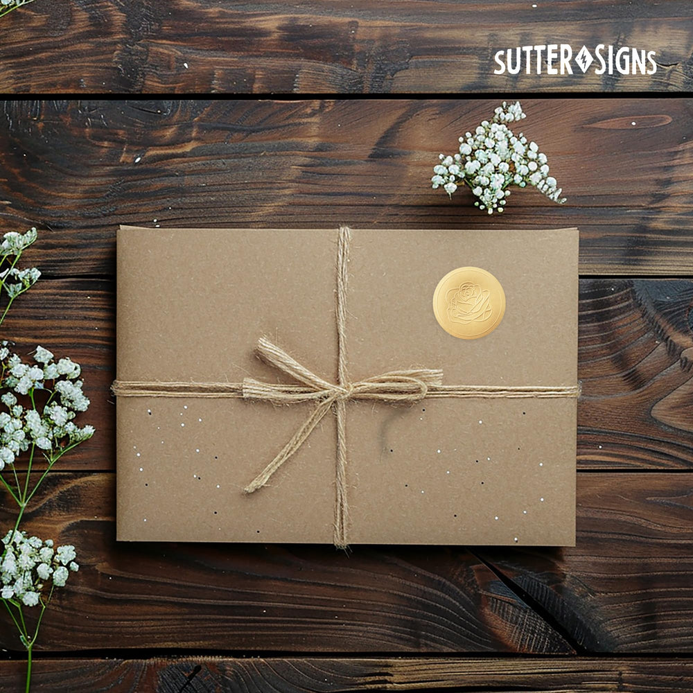 Sutter Signs save‑the‑date stickers used on a card design