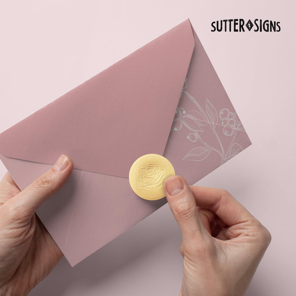Sutter Signs wedding invite seal ideas with gold foil accents
