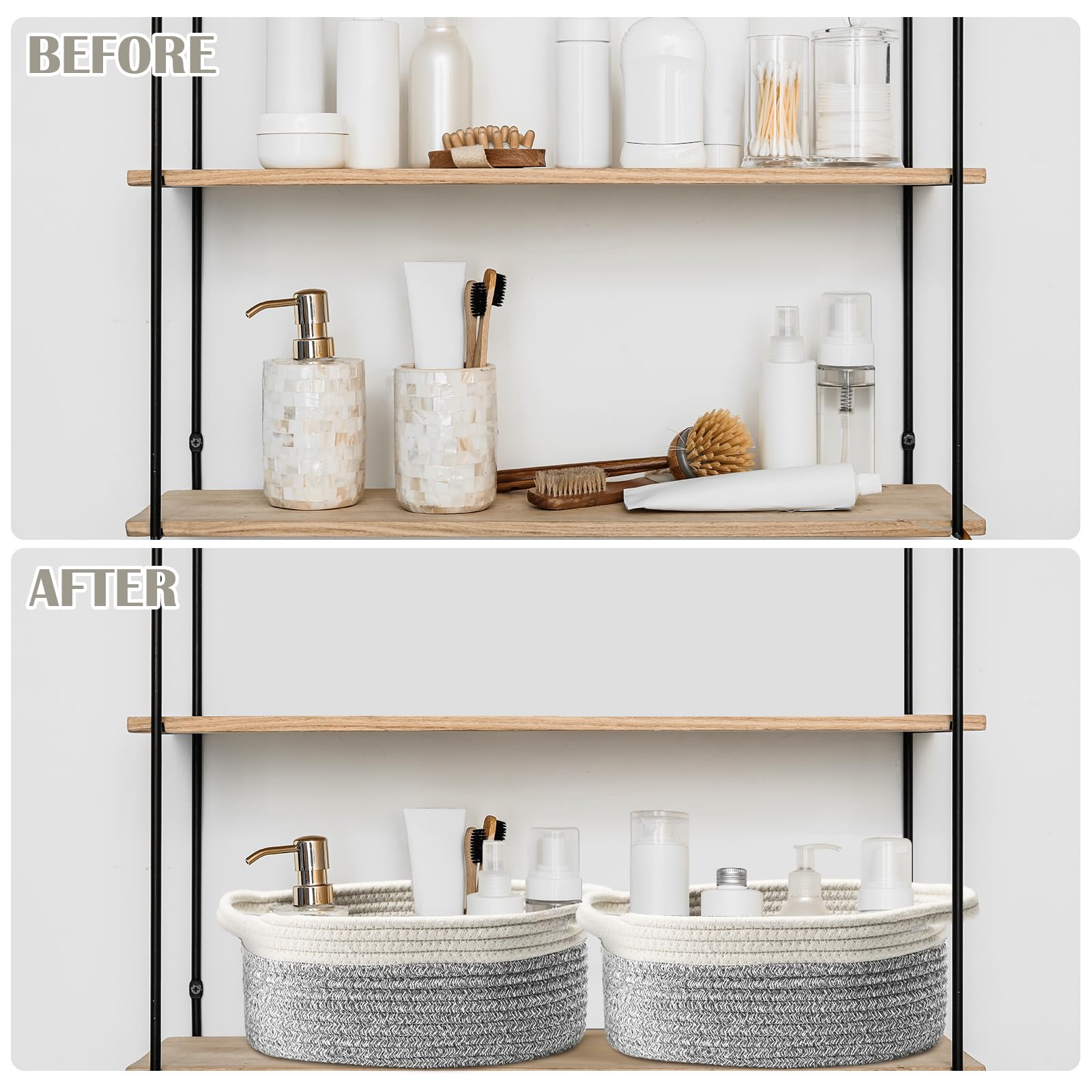 Suttmin multipurpose gray basket set shown in multiple rooms